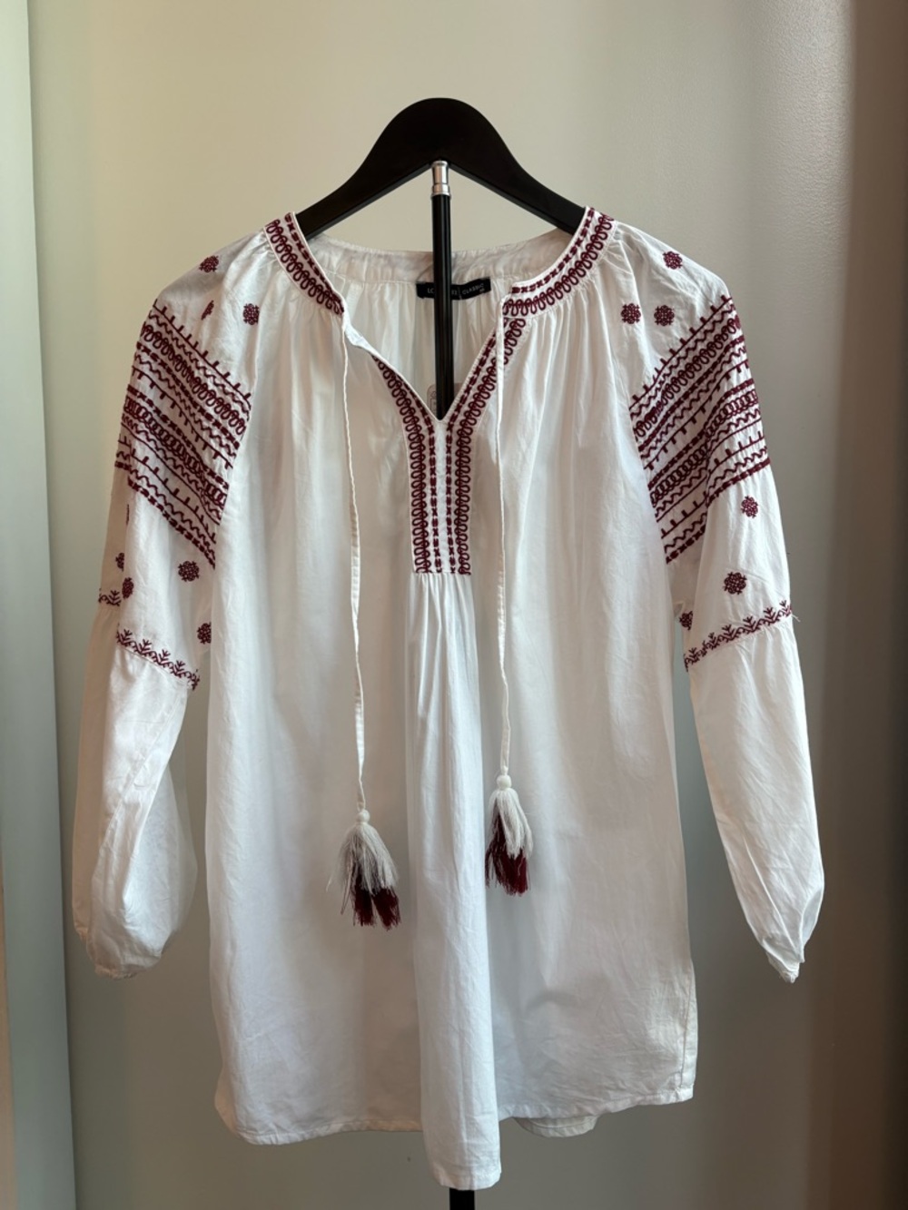 Romanian Boho White Blouse with Burgundy Embroidery